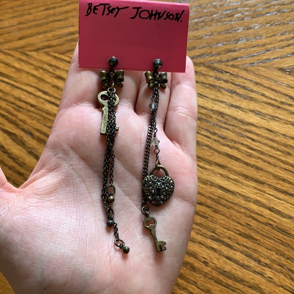 Betsey Johnson Dangle Lock & Key Crystal Earrings - Picture 3 of 6